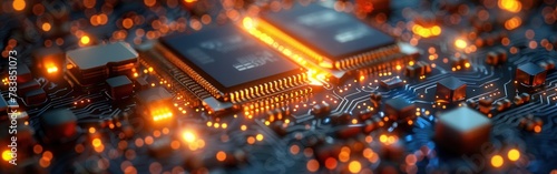 Detailed view of a computer chip showing intricate circuitry and components photo