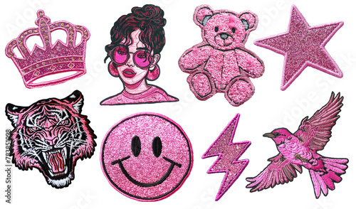  Fashion pink embroidered patch badge set on transparent background