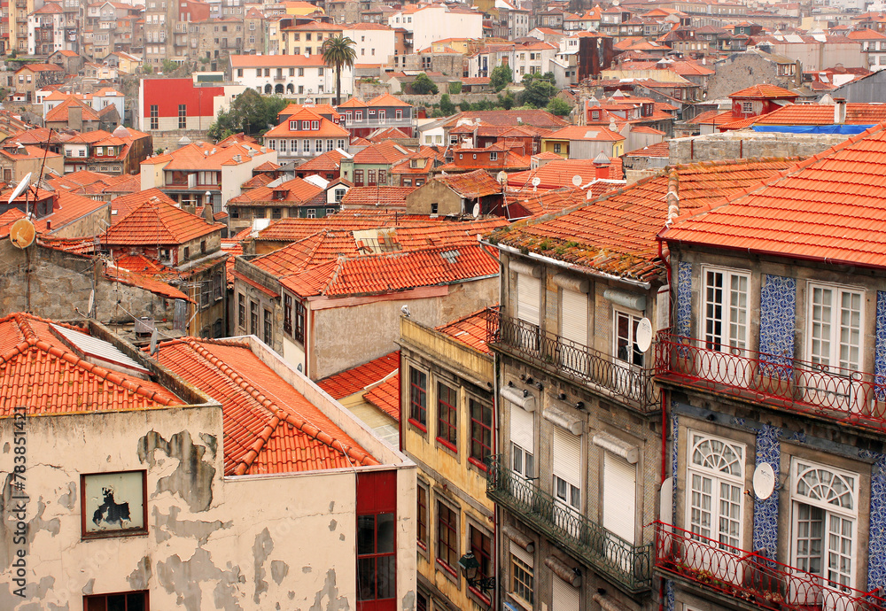 Portugal, Porto. Top view of the red roofs of the city's historic district.