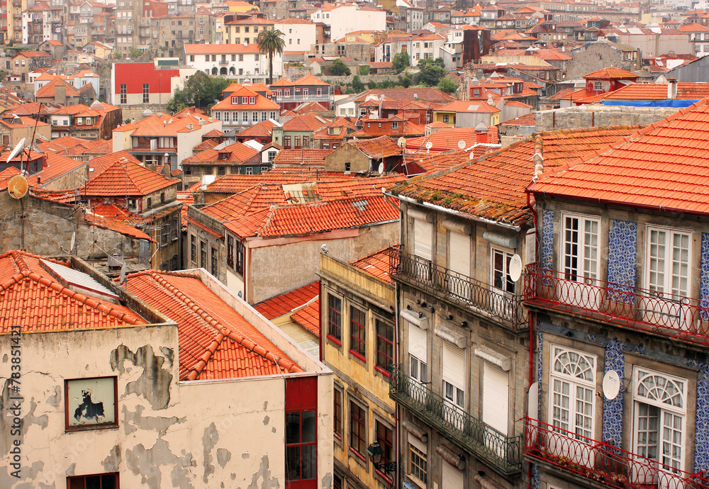 Portugal, Porto. Top view of the red roofs of the city's historic district. Portugal, Porto. Top view of the red roofs of the city's historic district.