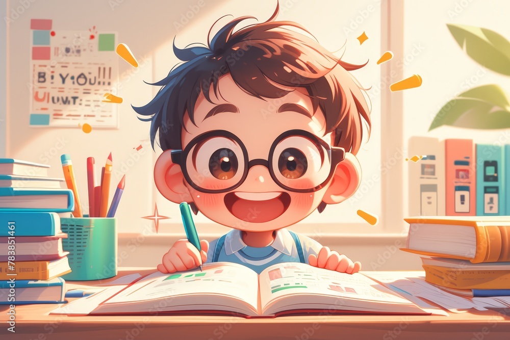 Little boy smiling and wearing glasses sitting behind a table with books, laughing while reading at school isolated on a pastel background. 