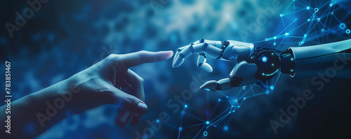 The moment when robot and human hands come closer together, symbolizing connection, cooperation and partnership in the field of technology. photo