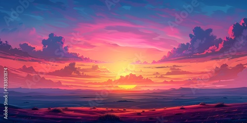 Vibrant Sunset Over Expansive Prairie Landscape with Dramatic Sky Filled with Colorful Clouds and Soothing Atmosphere