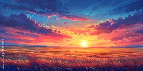 Vibrant Sunset Over Expansive Prairie Captivating Colorful Sky and Open Landscape