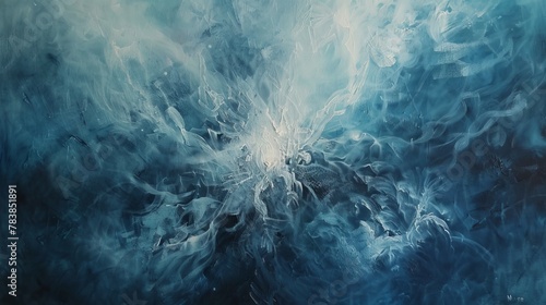 An abstract painting that creatively interprets the theme of cold using cool tones and fluid, icy textures
