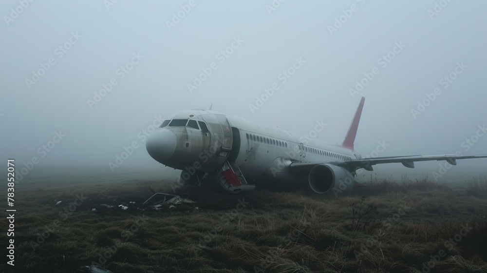 A dramatic scene depicting an airplane crash in dense, foggy conditions
