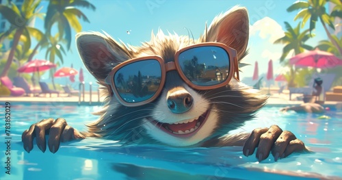 happy smiling raccoon swimming in the pool
