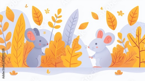  A pair of mice positioned beside one another, facing a forest teeming with leafy trees and falling foliage