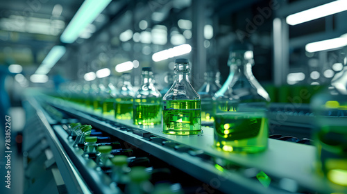 An automated assembly line where glass bottles are being filled with a green antiviral agent, under the watchful eyes of virologists, Glass bottles in production, photo