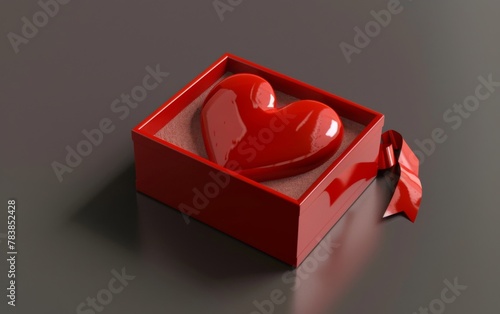 Valentines day background. Feminine desk workspace with gift box and red heart on background