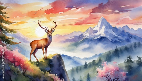 deer on mountain top at sunrise in spring; watercolor postcard photo