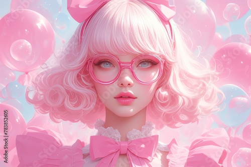 extravagant fashion with the model dressed in pink, posing against a background of pastel colored candy balls. 
