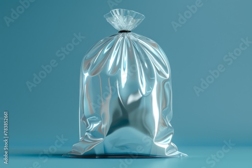 Modern consumers. Showcasing brand aesthetics and compelling marketing messages. Glossy silver plastic bag against blue background. Shopping. Retail. photo