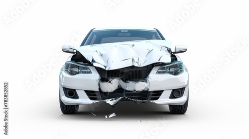 The front of a white car shows significant damage from an accident on the road