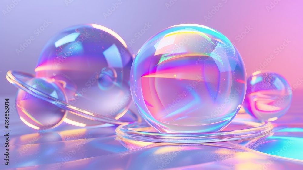 Iridescent crystal spheres with a ring, rendered in 3D Iridescent crystal spheres with a ring, rendered in 3D