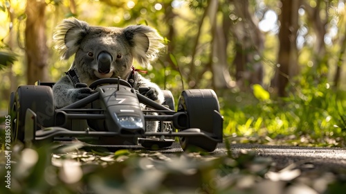 Adorable Koala Dressed as Formula 1 Racer Speeding Through Lush Green Forest