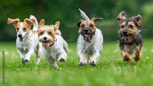 Group of happy dogs running along green grass