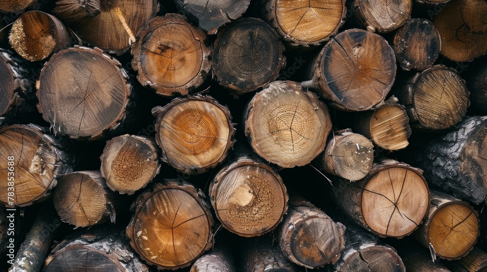 Wooden natural sawn logs as background, top view, flat lay Wooden natural sawn logs as background, top view, flat lay