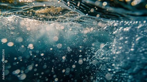 Vivid scene of waves crashing into the water, generating bubbles and a captivating bokeh