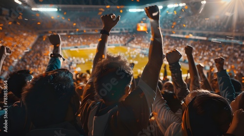 A crowd of sports fans cheering during a match in a stadium photo