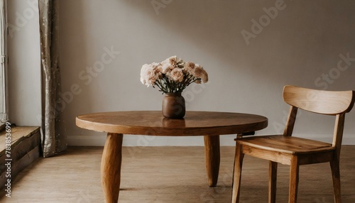 Simple wooden table and chair ,, table, interior, room, furniture, wood, design, AI generat  photo