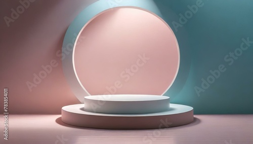 Background podium 3D product display stand platform abstract pastel light. Stage podium 3D background cream studio minimal scene wall pink white shadow room render blue empty floor luxury circle