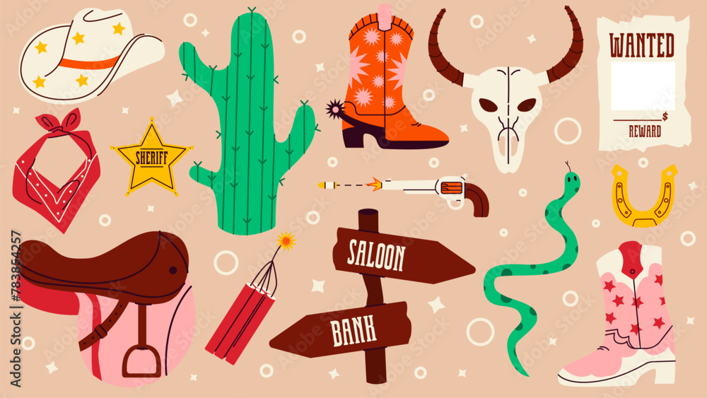 Flat vector illustration set on the theme of the wild west, Texas, cowboys. Flat vector illustration set on the theme of the wild west, Texas, cowboys.