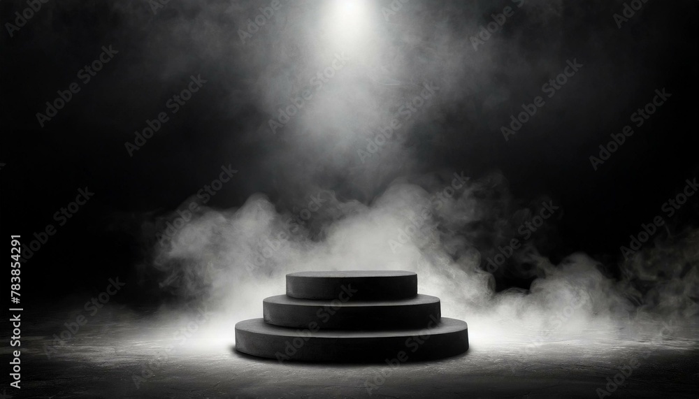 Podium black dark smoke background product platform abstract stage texture fog spotlight. Dark black floor podium dramatic empty night room table concrete wall scene place display studio smoky dust
