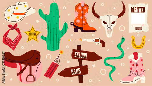 Flat vector illustration set on the theme of the wild west, Texas, cowboys.