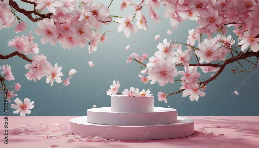 Background podium 3D spring flower product beauty pink display nature. 3D podium stand background scene floral mockup cosmetic white blossom summer abstract shadow platform minimal design render stage Background podium 3D spring flower product beauty pink display nature. 3D podium stand background scene floral mockup cosmetic white blossom summer abstract shadow platform minimal design render stage