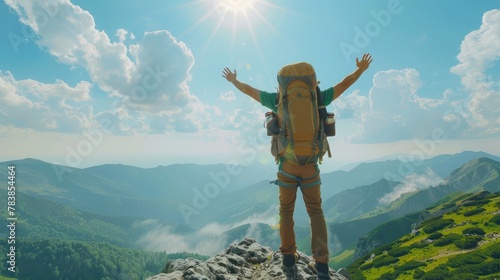 A man with a backpack stands with his hands raised on the mountain top.