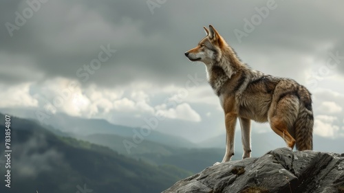 Wolf on a rocky outcrop with a stormy sky in the background.