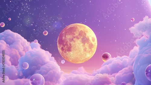 A whimsical cartoon illustration of a yellow moon with craters, floating in a sky filled with colorful purple