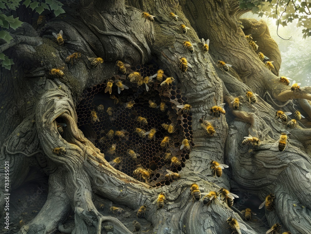 Bees constructing a hive in the hollow of an ancient tree Bees constructing a hive in the hollow of an ancient tree