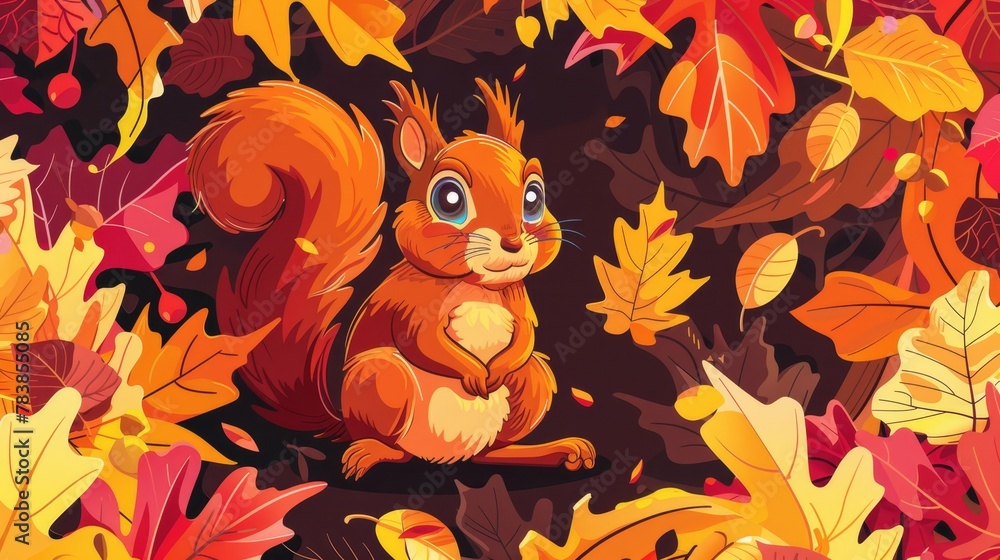 Fototapeta premium A squirrel, surrounded by autumn leaves on a dark backdrop, sporting a cartoonish expression, sits amidst a mound of fallen foliage