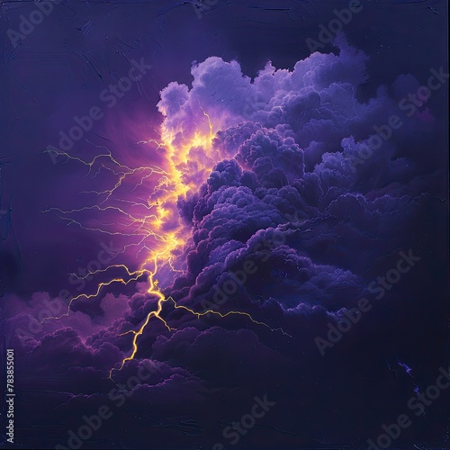 Atmospheric concept of a violet storm cloud lit by a bolt of yellow lightning