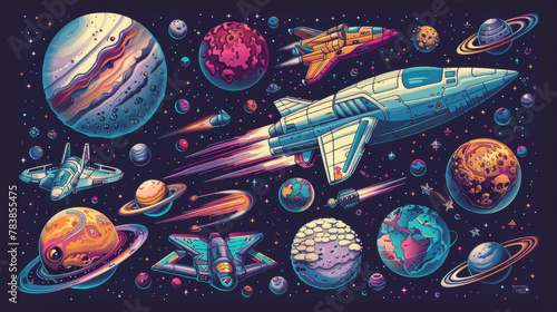 Collection of vintage-inspired pixel art space elements including rockets and planets photo