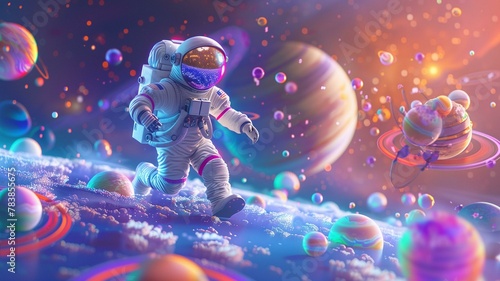 Behold, a stunningly detailed cartoon illustration capturing the enchanting sight of an astronaut drifting amidst a captivating array of planets in space.

 photo