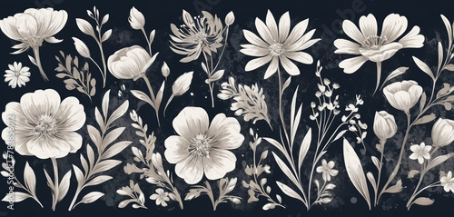 black and white flowers art painting, digital painting for frame tv art, abstract, vintage style