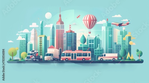 Colorful vector illustration depicting various modes of global transportation in a flat design style