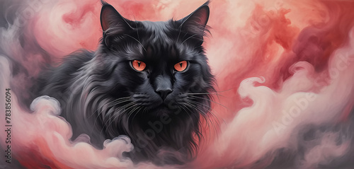 Black cat, mysterious, red smoke, digital painting for frame tv art 
