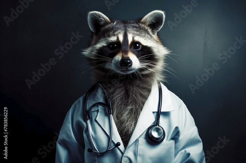 Raccoon veterinarian in white coat,humorous picture with raccoon,cute animal in the role of a doctor