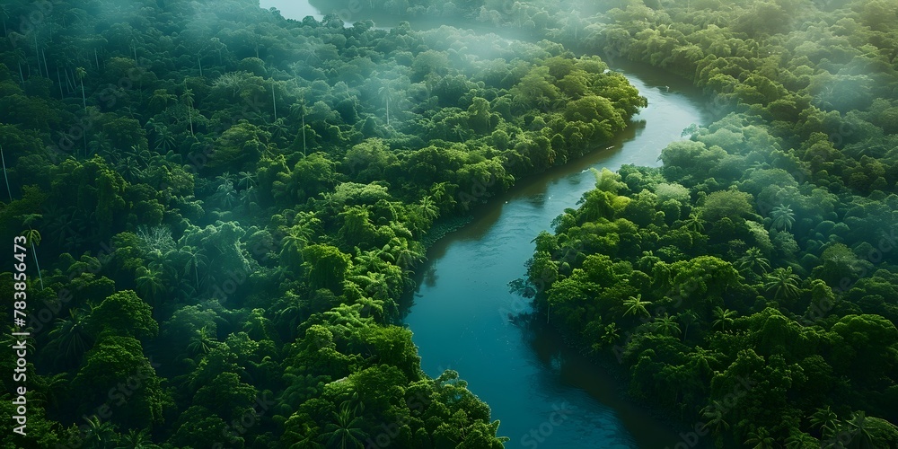 Winding River Cutting Through Dense Lush Jungle Inviting in Aerial Bird s Eye Panoramic Scenic View