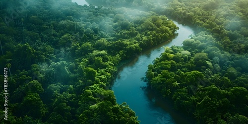 Winding River Cutting Through Dense Lush Jungle Inviting in Aerial Bird s Eye Panoramic Scenic View