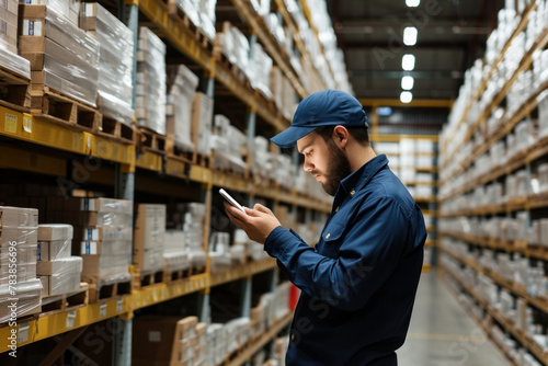Warehouse worker checking inventory on mobile phone in busy distribution center, surrounded by shelves of goods
