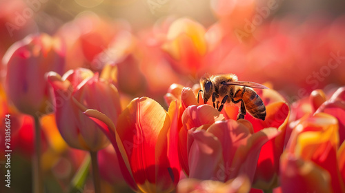 Bees on bright tulip flowers, golden hour shine, careful pollen collection, detailed, vibrant focus photo