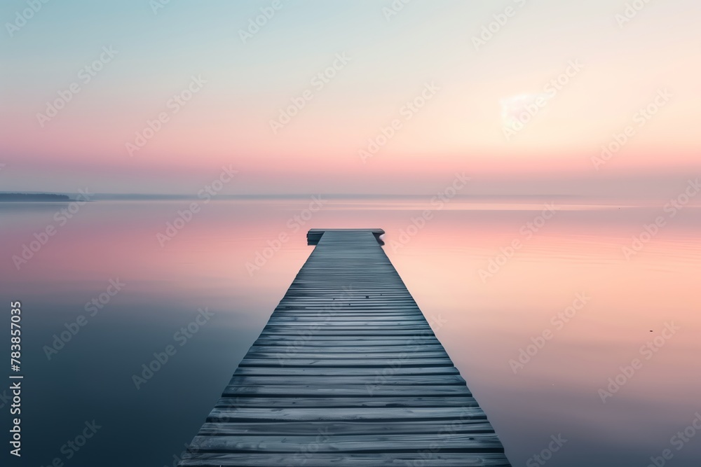 Wooden Pier Leading into Calm Waters at Sunset, Pastel Sky, Copy Space