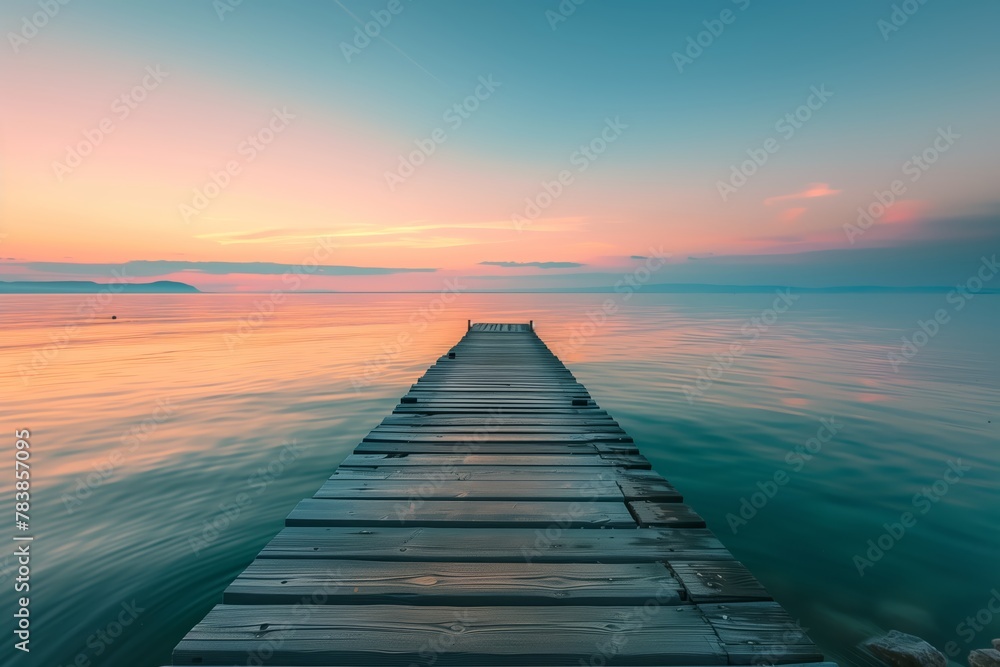 Wooden Pier Leading into Calm Waters at Sunset, Pastel Sky, Copy Space Wooden Pier Leading into Calm Waters at Sunset, Pastel Sky, Copy Space