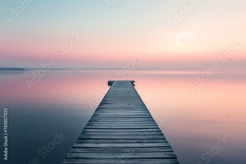 Wooden Pier Leading into Calm Waters at Sunset  Pastel Sky  Copy Space