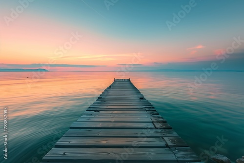 Wooden Pier Leading into Calm Waters at Sunset, Pastel Sky, Copy Space